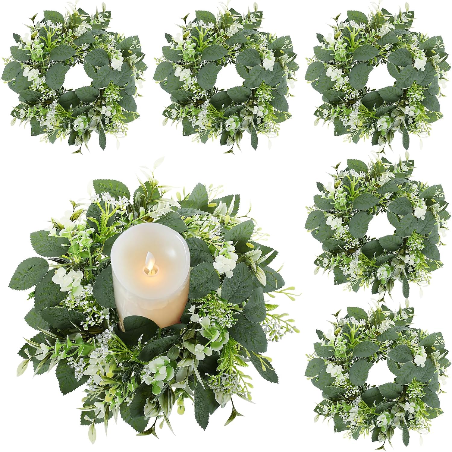 6 Pcs Artificial Eucalyptus Candle Rings Wreaths, 9 Inch Small Eucalyptus Wreath with Baby Breath, Greenery Candle Wreath Rings for Pillar Candle Table Centerpieces Wedding Home Decor