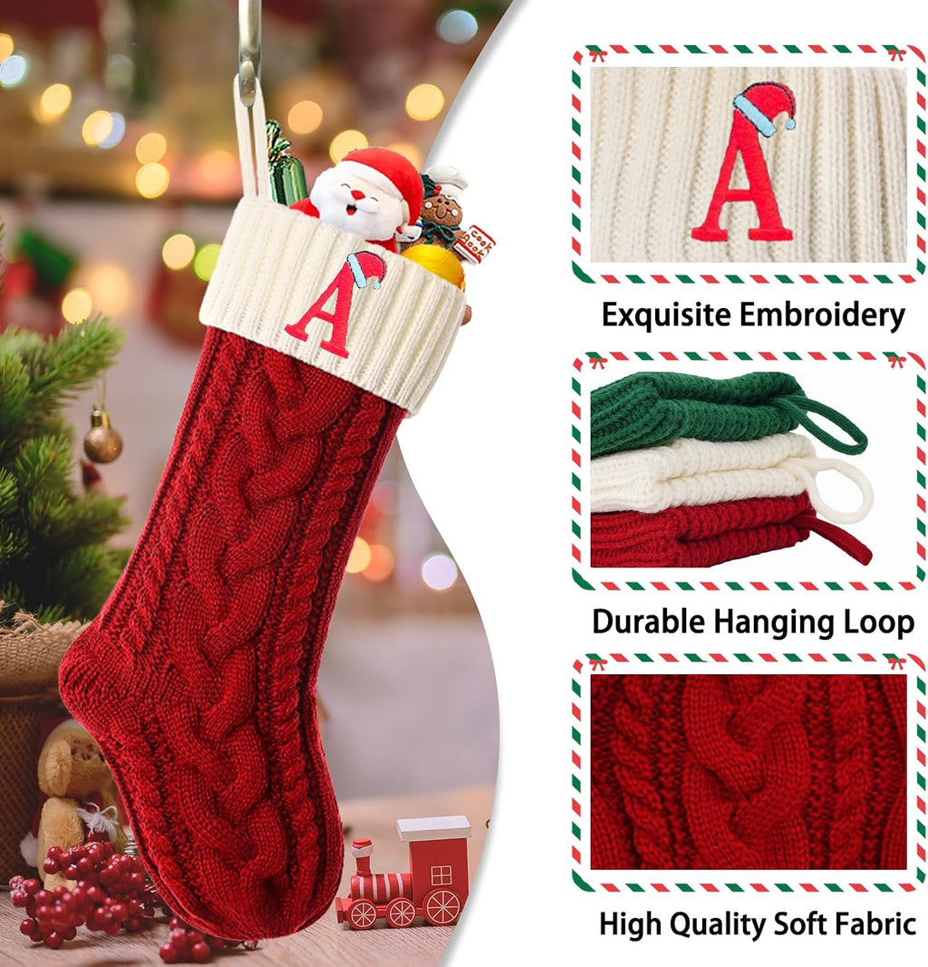 Christmas Stockings with Initials, Personalized Embroidered Monogram 18 Inches Knitted Christmas Stockings Fireplace Xmas Stockings for Kids,Family Holiday Party Decoration White Red Letter C