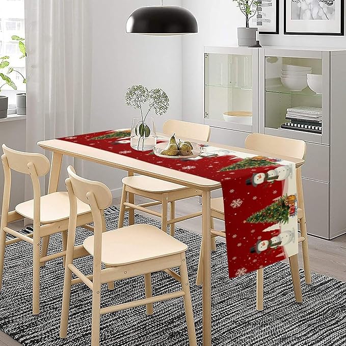 Christmas Table Runner,Snowman Rustic Red Snowflake Winter Table Cloth Kitchen Dining Table Decoration for Home Party Decor 13x90 Inch
