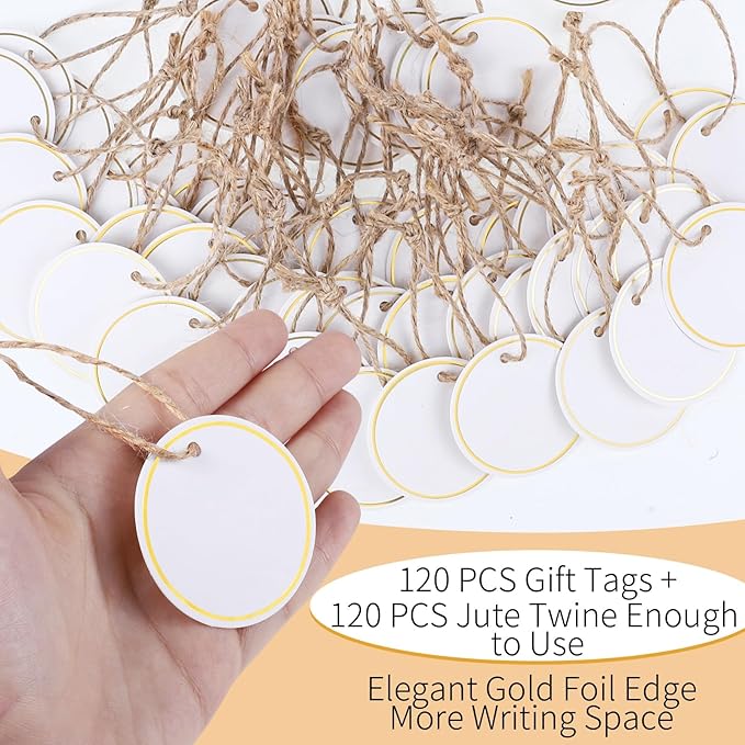120 PCS White Gift Tags, 2'' Round Gift Tags with String Marking Hang Tag Writable Blank Tag for Presents Labeling DIY Craft Project Wedding Baby Shower Favors Stocking Stuffers