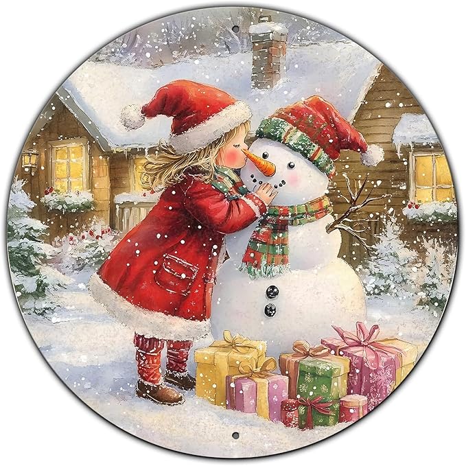 Round Wall Decor Christmas Metal Tin Sign Girl and Snowman Sign Rustic Wall Decor Wall Plaque Snowman Wreath Sign for Christmas Round Wreath Wall Decor Vintage Garage Yard Home 12 * 12 in
