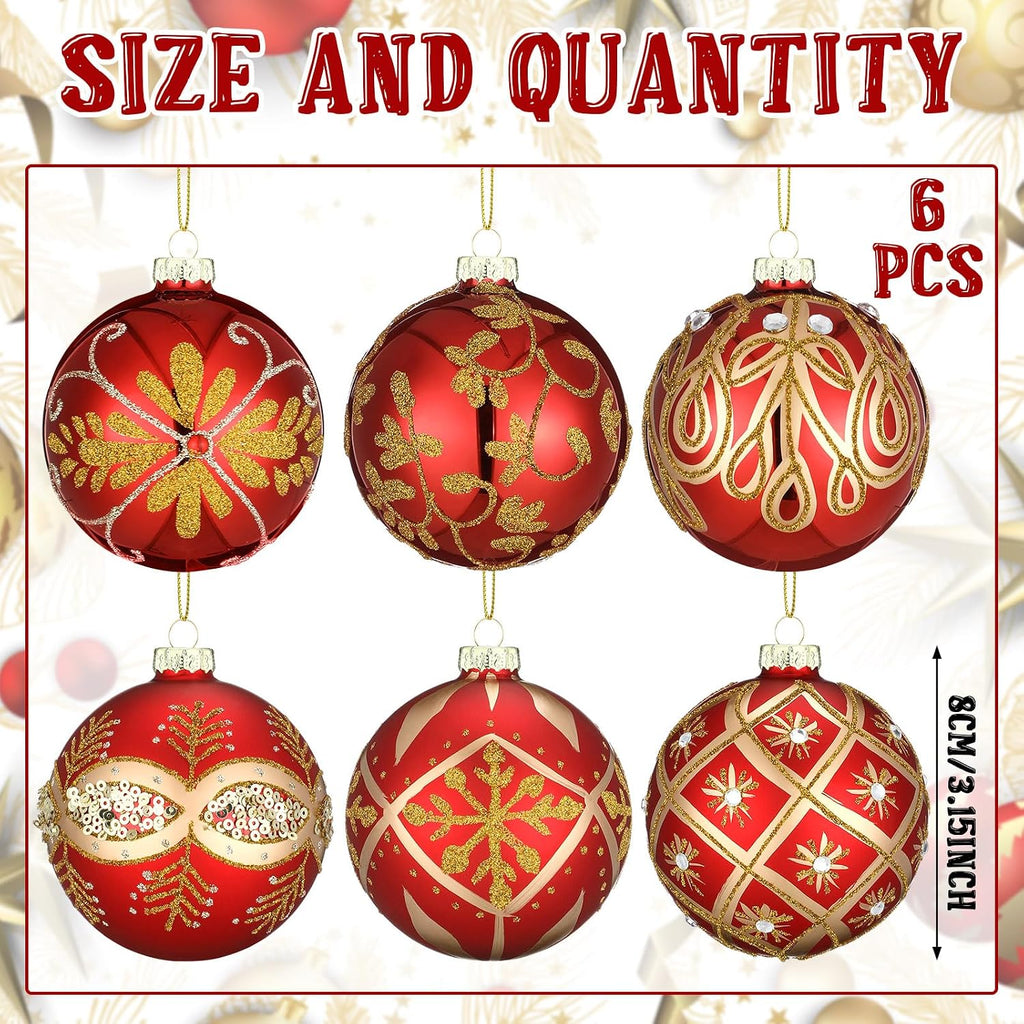 GlikCeil 6 Pcs 3.15 Inch Glass Luxury Christmas Ball Red and Gold Ball Ornaments Glass Christmas Tree Decorations Luxury Hanging Ornaments for Xmas Tree Party Holiday Decor