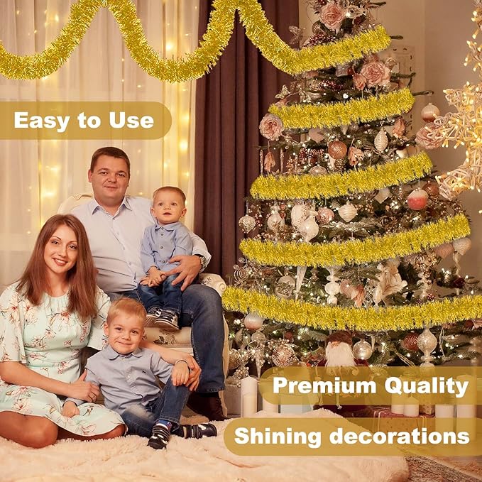 50 Feet Gold Christmas Tinsel Garland, Metallic Foil Twist Banner Wall Hanging Tinsel Streamers Backdrop for Parade Floats, Christmas, Mother's Day, Birthday Party Decorations(2in x 50ft)
