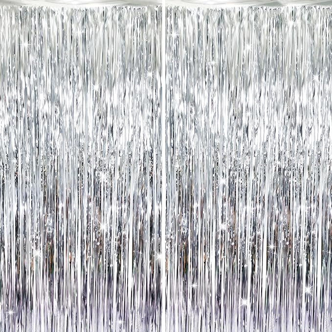 GOER 6.4 ft x 8.2 ft Metallic Tinsel Foil Fringe Curtains,Pack of 2 Party Streamer Backdrop for Birthday,Graduation Decorations and New Year Eve (Silver)