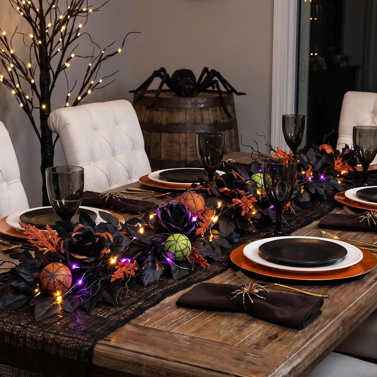 6FT Pre-Lit Halloween Garland with Lights, 2Pcs Black Rose Garland