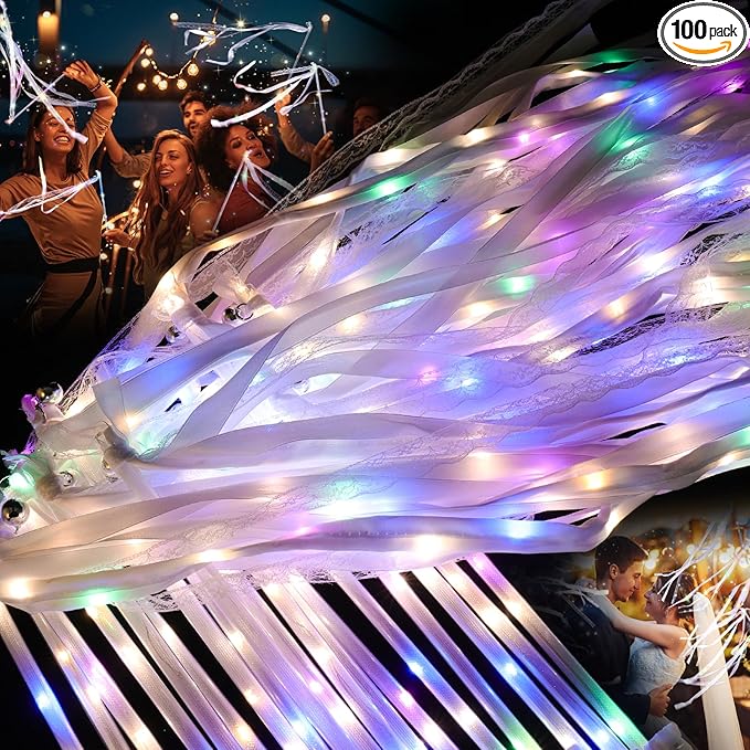100 Pieces Light up Wedding Wands with Ribbons & Bells –LED Silk Wedd Fairy Wands Streamers with Warm White & Colorful Lights for Wedding Send Off Ideas, Parties, and Celebrations