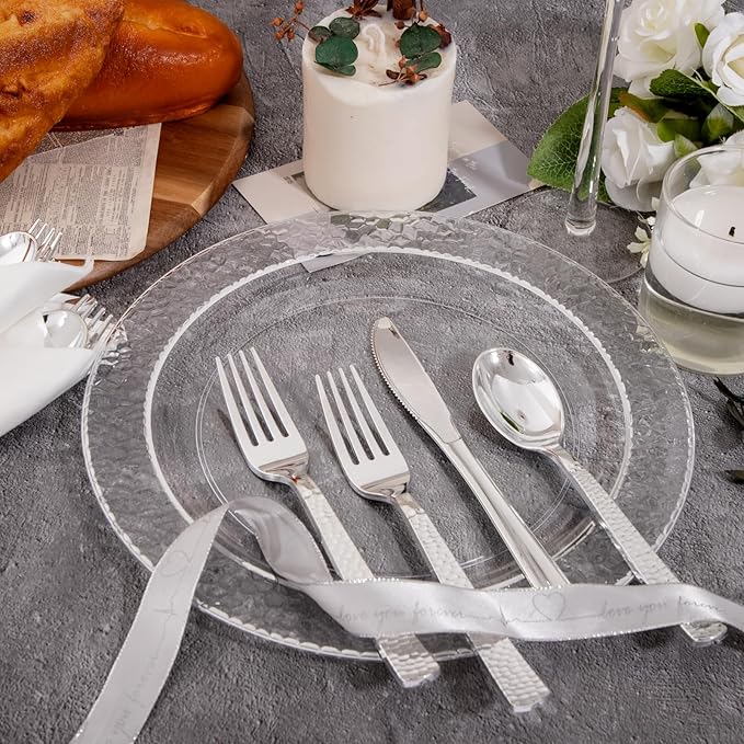 400PCS Pre Rolled Silver Plastic Silverware Sets - Heavy Duty Hammered Silver Cutlery - Include 100 Pack Wrapped Disposable Utensils with Napkins for Parties & Dinners & Weddings