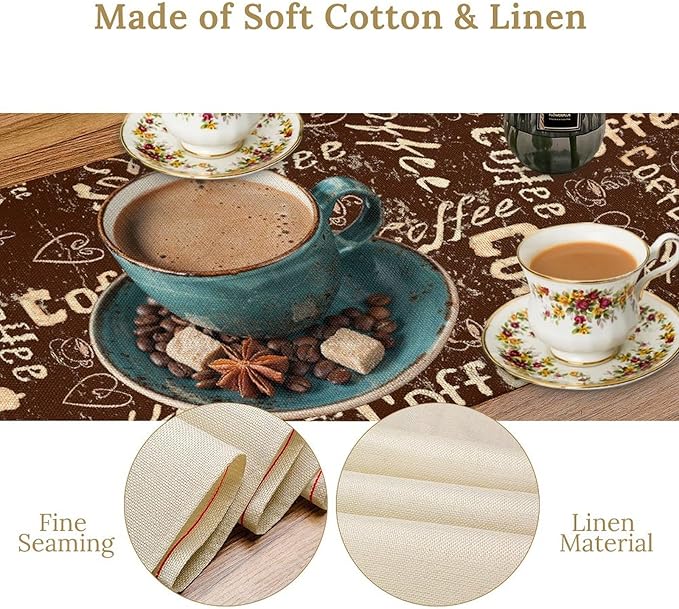 Coffee Theme Table Runner, Farmhouse Retro Brown Coffee Cup Tea Party Rustic Cafe Table Center Decor for Home Kitchen Dining Patio Holiday Party Indoor Outdoor Table Decorations,13"x36" Inch