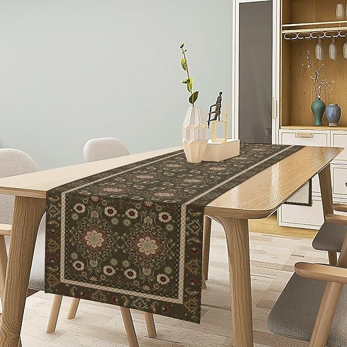 Vintage Boho Floral Table Runner, Rustic Country Farmhouse Brown Bohemia Flower Pattern for Home Kitchen Table Decor Dining Coffee Room Party Decor 13x90in