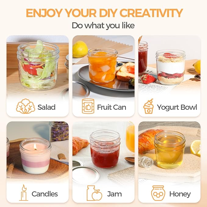 ComSaf Wide Mouth 8 oz Mason Jars with Lids, 6 Pcs Small Mason Containers, Canning Jars, 8oz Glass Jar with Lid, Canning Jars for Jams, Jelly, Sauces, Desserts, chia pudding, Pickle, Gift