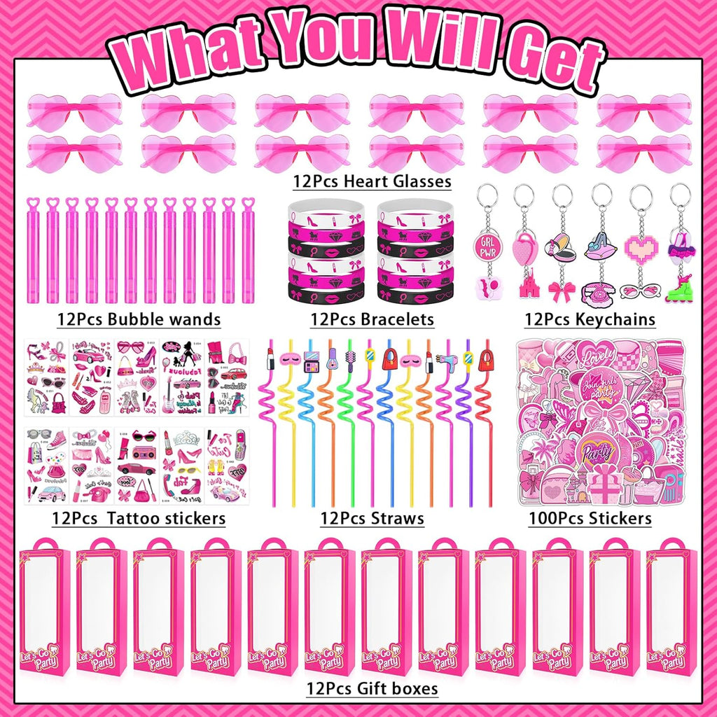 184Pcs Pink Girls Party Favors Pack - For 12Guests, Includ Goodie Box Heart Glasses Straws Bubble Wands Tattoo Sticker Bracelet Keychain, for Kids Girls Birthday Party Decoration Supplies