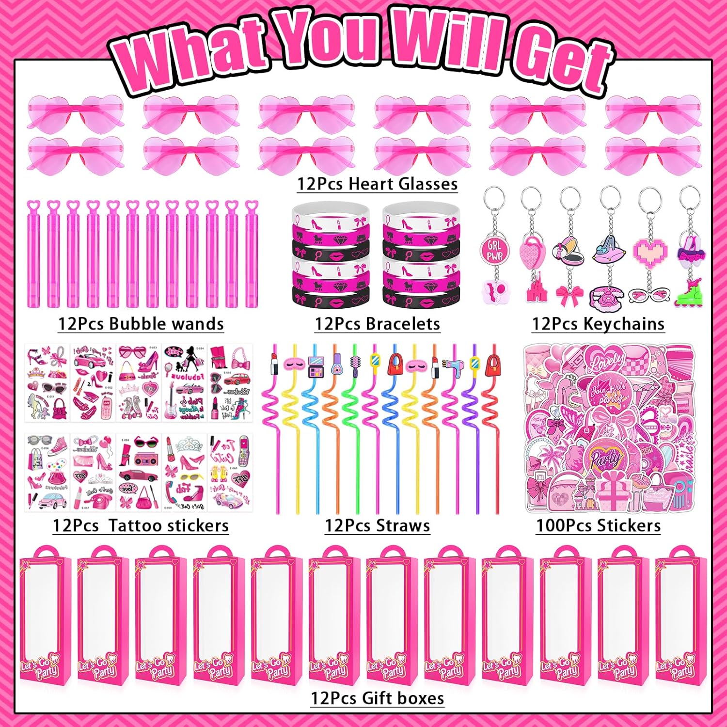 184Pcs Pink Girls Party Favors Pack - For 12Guests, Includ Goodie Box Heart Glasses Straws Bubble Wands Tattoo Sticker Bracelet Keychain, for Kids Girls Birthday Party Decoration Supplies