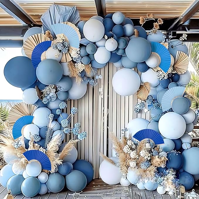 JOHOUSE 12Pcs Blue Paper Folding Hand Fans, 8.3 Inch Handheld Portable Decorative Fans for Wedding, Outdoor Party Favors, Baby Shower Decorations DIY Crafts Photography Prop