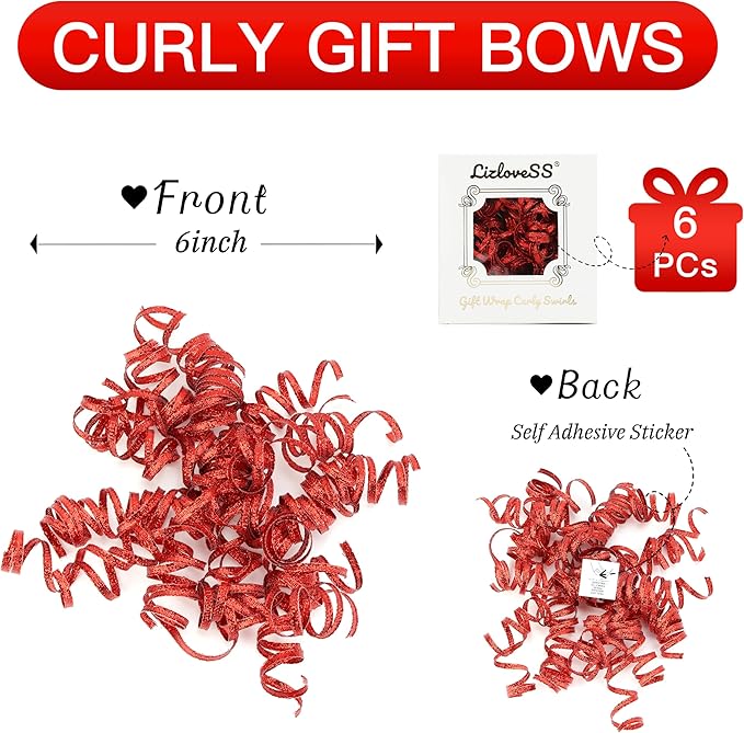 6" Metallic Red Christmas Curly Ribbon Bows for Gift Wrapping Self Adhesive Gift Bows for Holiday Decor, Baskets, Birthday, Wedding, Presents, Party Favors Decorations 6-Count