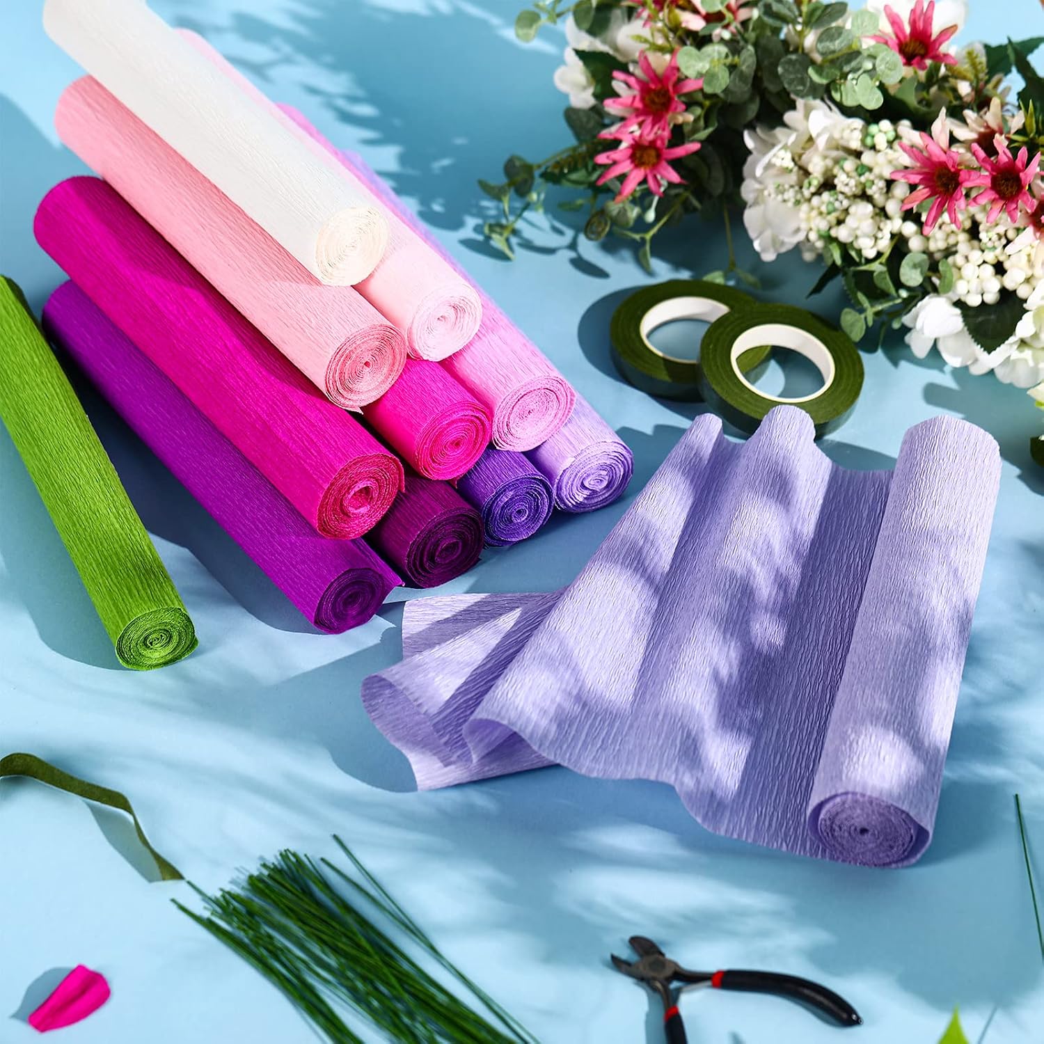 Leinuosen 65 Pcs Crepe Paper Flower DIY Kits 12 Rolls 10 x 98 Inch Crepe Paper Rolls Sheets 100 Floral Iron Wire 1 Wire Cutter 2 Tapes for Birthday Party Wedding Wreath Flower Making(Elegant Colors)