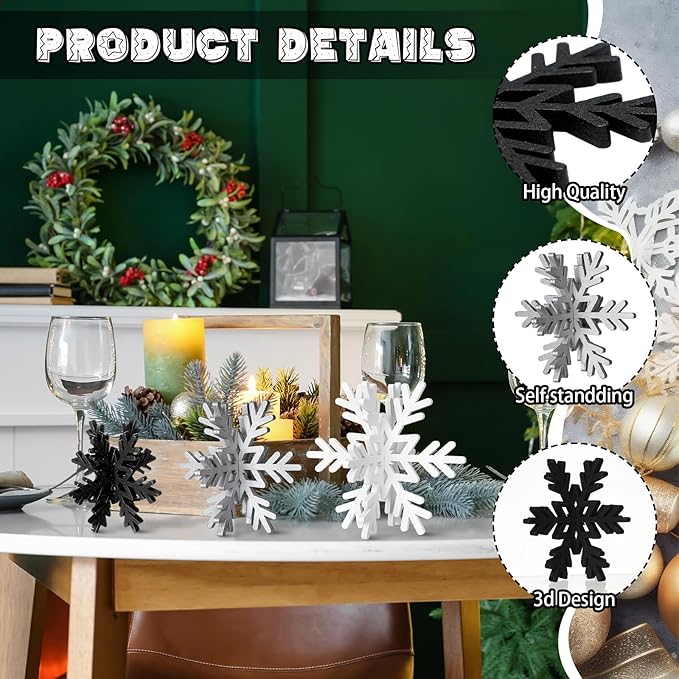 Bucherry 12 Pcs Wooden Snowflake Table Decor 3D Snowflake Tabletop Signs and Centerpiece for Christmas Xmas Winter Wonderland Decorations Home Party(White, Gray, Black)