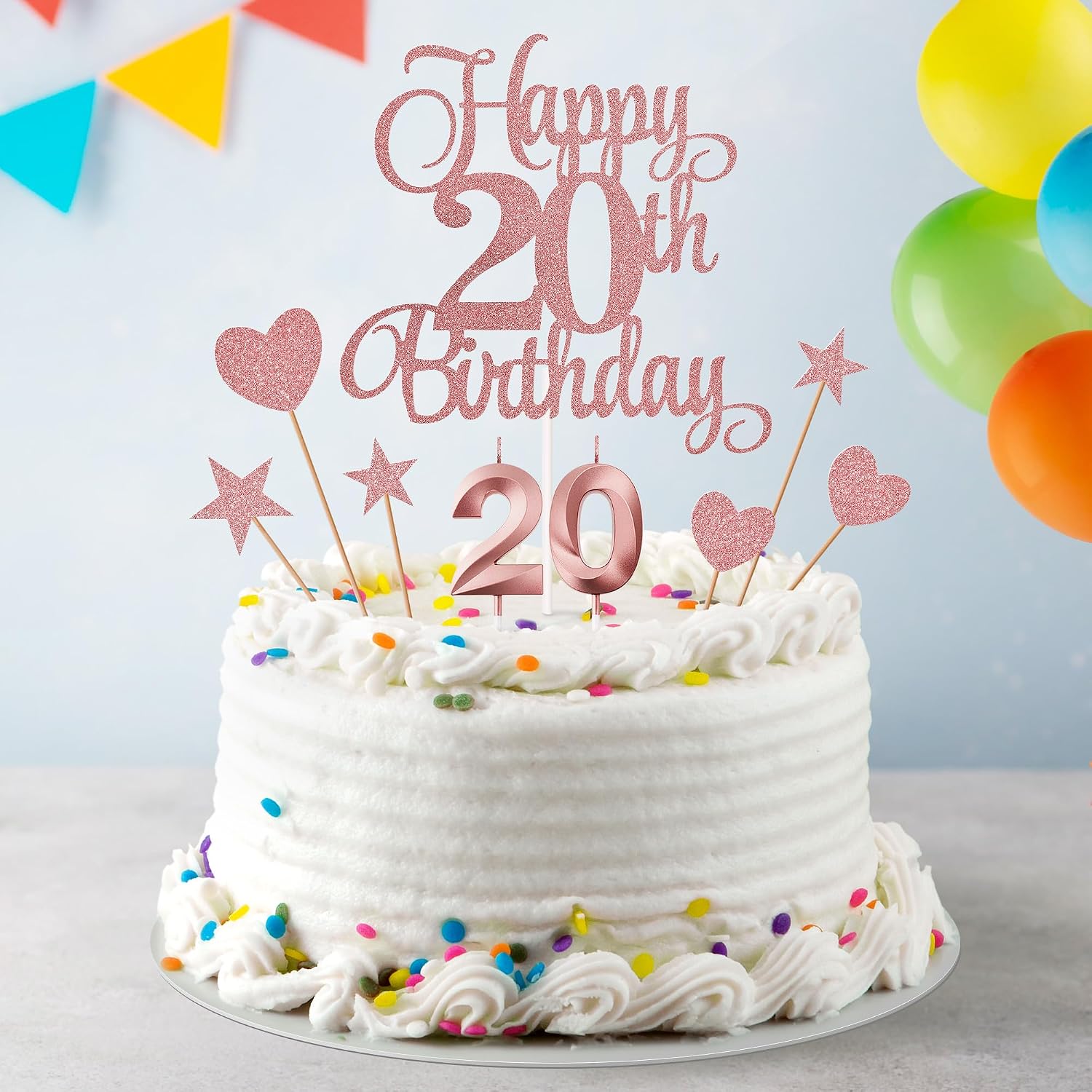 20th Birthday Cake Decorations, 20th Birthday Candles Cake Numeral Candles and Glitter Happy 20th Birthday Cake Toppers Set for Birthday Party Supplies (Rose Gold)