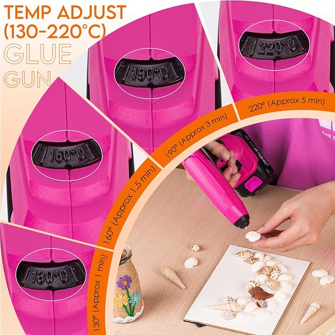 Cordless Hot Glue Gun - 20V Temp Adjust Hot Glue Gun with 43PCS Full Size Hot Glue Sticks, Pink Fast Heating Glue Gun and Sticks Set for DIY, Arts & Craft, Decorations, Gift for Women
