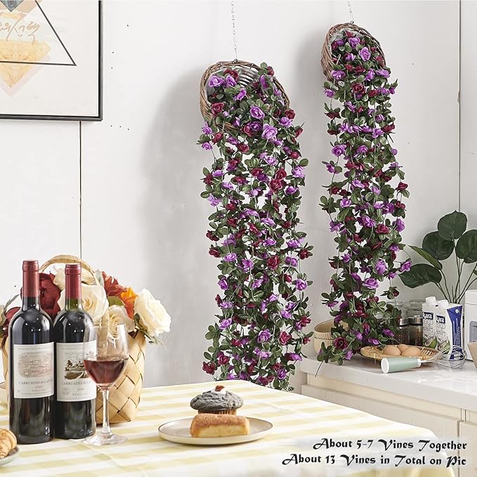 6 Pcs x 8.2 ft Flower Garland Artificial Rose Vine Flowers with Green Leaves Hanging Fake Roses Vine for Room Party Home Wedding Birthday Christmas Wall Arch Decor, Spring Purple Flower
