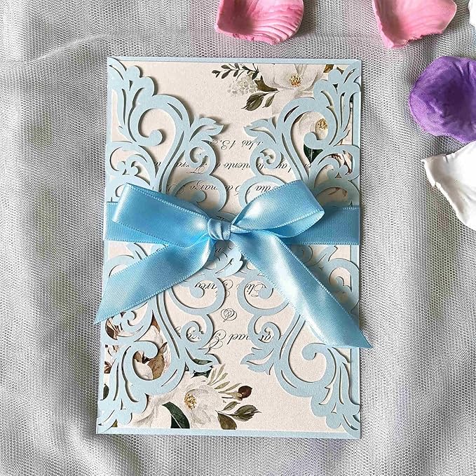 25PCS Light Blue Laser Cut Wedding Invitations Cards with Envelopes,Blank Inner Sheets,Ribbons for Wedding Bridal Shower Quinceanera Engagement Birthday Invites matte light blue B001