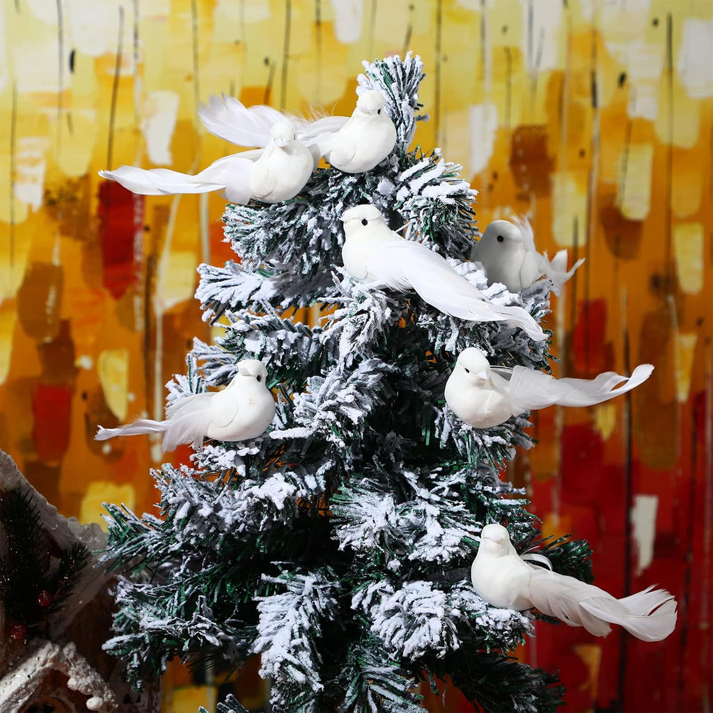Threan 12 Pcs 5.11 Inch Artificial White Bird Bulk Small Feathered Doves Decor with Clips Love Fake Birds Craft White Ornaments Christmas Tree Home Garden Wedding Party DIY Decoration Wedding Party