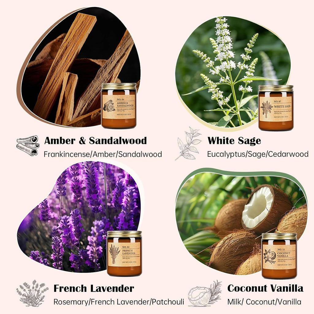 Soy Candles Set of 4, 9oz Natural Soy Wax Aromatherapy Candles, Home Scented Candles with 4 Scents (Lavender, Amber Sandalwood, White Sage, Coconut Vanilla), Gifts for Mom, Women, Relaxation, Yoga