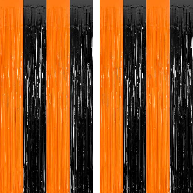 2 Pack Halloween Photo Backdrop, 3.28 FT x 7.05 FT Orange and Black Party Streamer, Metallic Foil Fringe Curtains Tinsel Backdrop, Halloween Birthday Party Decorations Hanging Decor Indoor