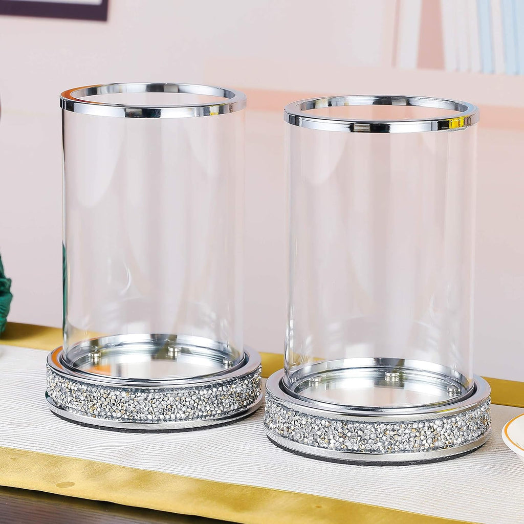 Pillar Candle Holders set of 2,Hurricane Candle Holders for Pillar Candle,Glass Candle Holder for Coffee Dining Table, Wedding, Christmas, Halloween, Home Decoration,Silver Candle Holders