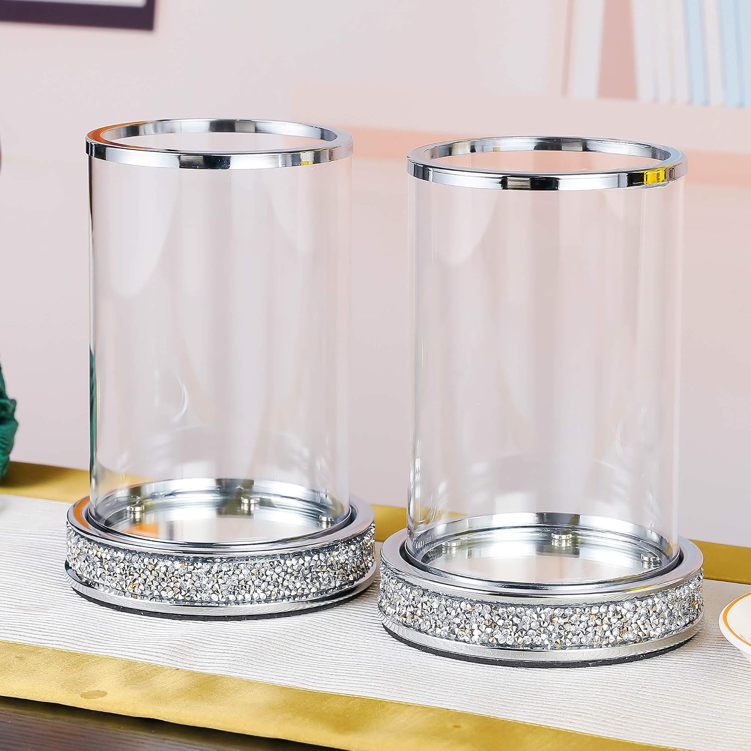 Pillar Candle Holders set of 2,Hurricane Candle Holders for Pillar Candle,Glass Candle Holder for Coffee Dining Table, Wedding, Christmas, Halloween, Home Decoration,Silver Candle Holders