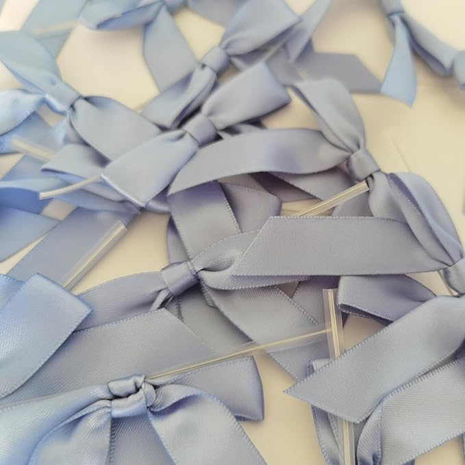 50pcs 2-1/2" Smog Blue Satin Ribbon Bows with Twist Ties Smog Satin Ribbon Bows for Candy Party Decoration Gift Packing Wrapping Accessories(2.5”,Airy Blue)