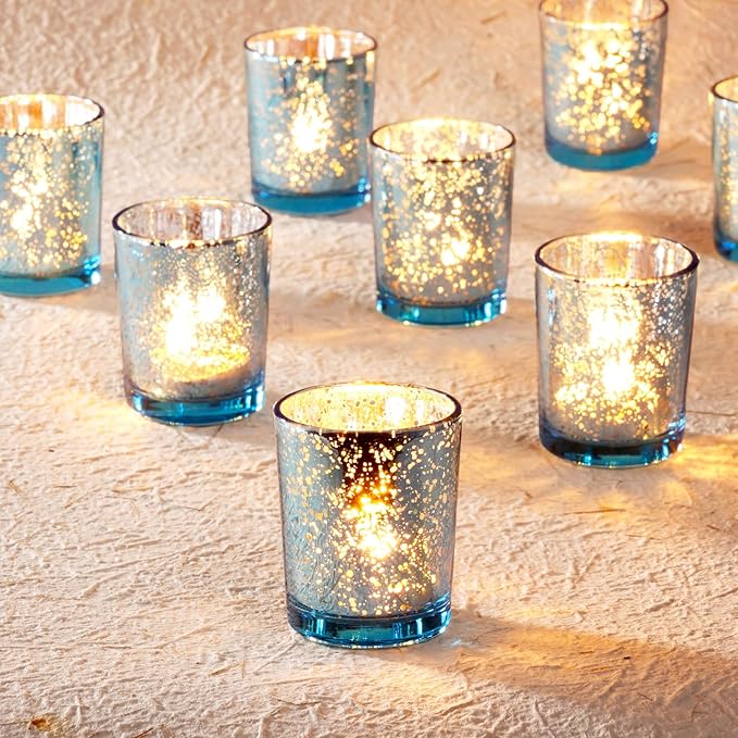 Homemory 36 Pcs Blue Votive Candle Holders, Mercury Glass Candle Holder, Tealight Candle Holders for Table Centerpieces, Baby Shower, Party, Anniversary, Wedding, Home Decor, Halloween, Christmas