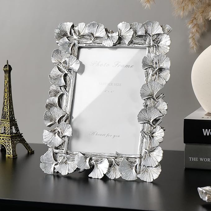 Cuspin 4x6 Silver Picture Frame, Vintage Silver Ornate Leaf Textured Hand-Crafted Resin with Glass Front Antique Photo Frame for Tabletop Display, Retro Design Home Decor