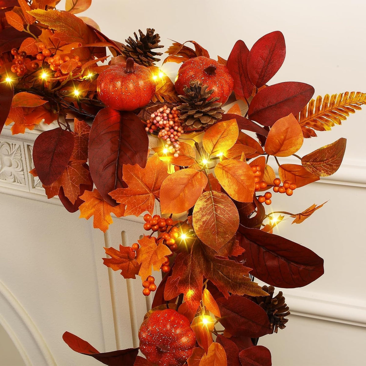 SHareconn 2 Packs 6ft Fall Garland with Lights and Timer for Mantle