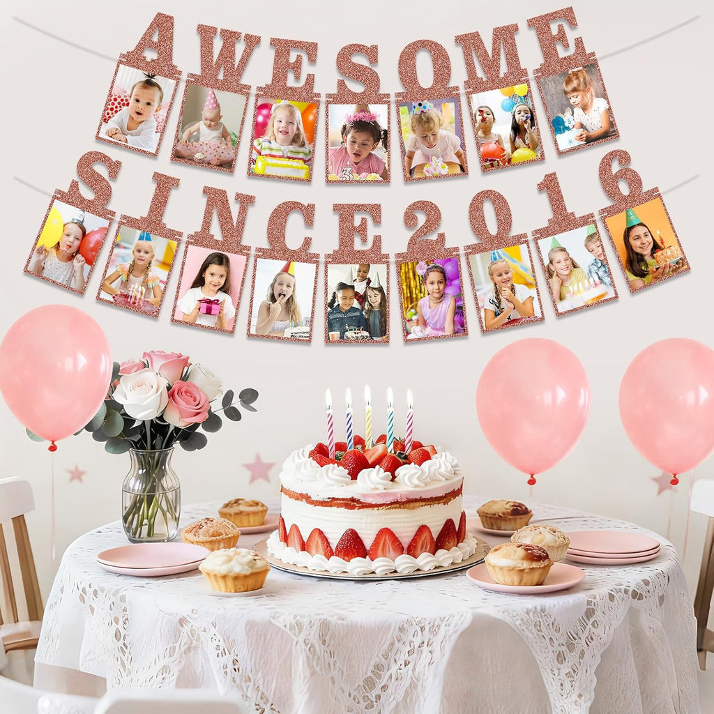 Pre-strung Awesome Since 2016 Photo Banner Birthday Decorations for Girls Women- Pink Rose Gold Glitter Happy 10th Birthday and Anniversary Decorations Party Supplies