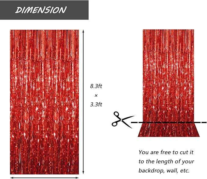 Red Foil Fringe Curtain 3.3×8.3FT 2 Packs, Metallic Tinsel Curtains Party Streamers for Birthday Graduation Baby Shower Decoration (2pcs,3.3FT×8.3FT, Red)