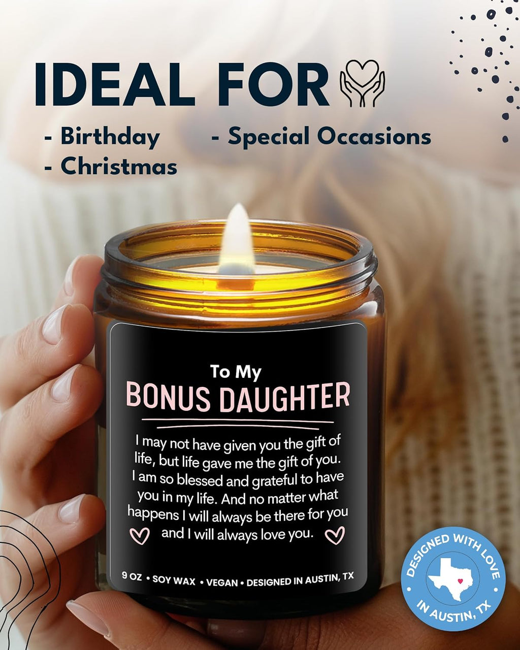 Bonus Daughter Candle, Unique Bonus Daughter Gifts for Women, Stepdaughter Gifts from Stepmom, Birthday Gift for Daughter in Law from Mother in Law, Ideal Present for Christmas, Gift-Ready