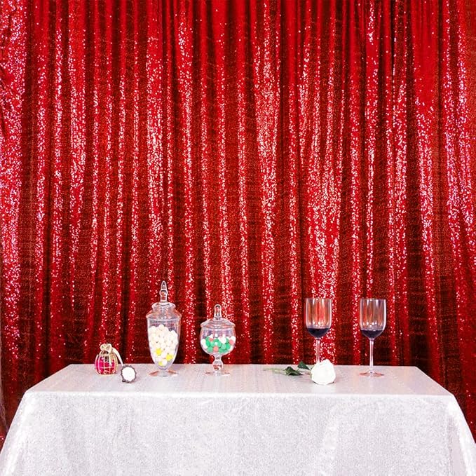 SquarePie Sequin Backdrop Less Transparent Background Sparkly Curtain for Wedding Christmas Party 6FT x 8FT Red