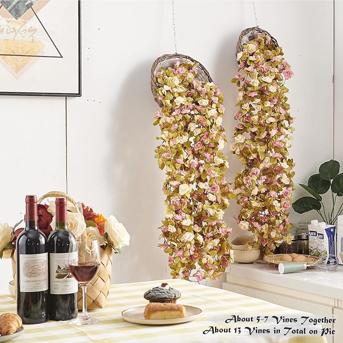 6 Pcs x 8.2 ft Flower Garland Artificial Rose Vine Flowers with Green Leaves Hanging Fake Roses Vine for Room Party Home Wedding Birthday Christmas Wall Arch Decor, Pink Champagne Flower