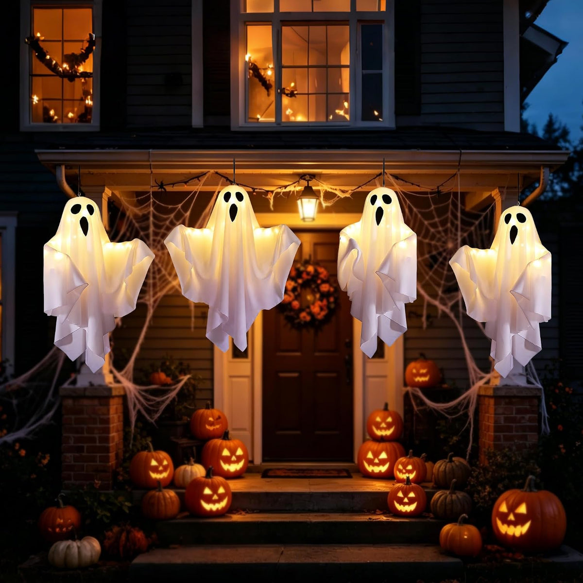 4 Pack 27.5 Inch Swinging Hanging Ghost Lights Battery Operated Halloween Dec...