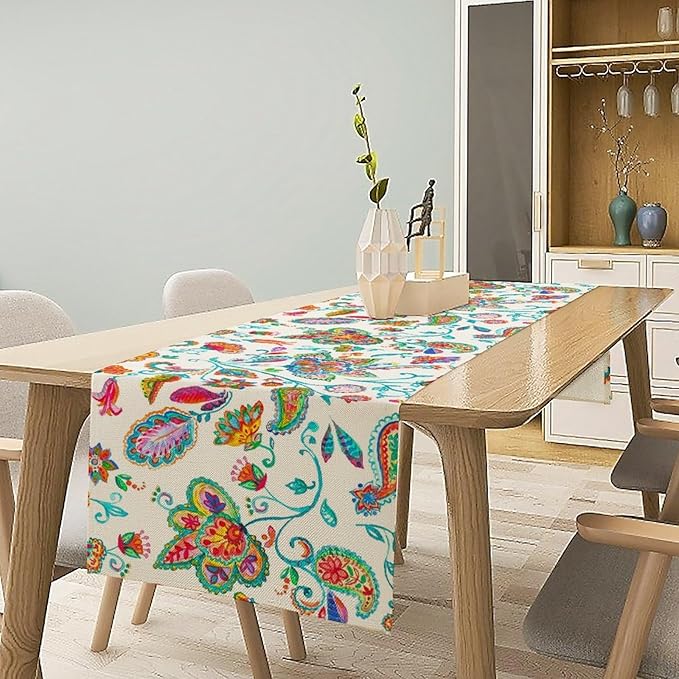 Paisley Table Runner, Watercolor Floral Oriental Indian Traditional Tulips Leaves Bohemian Paisley Print Table Runner for Kitchen Dining Tables Party Decor, 13x36inch
