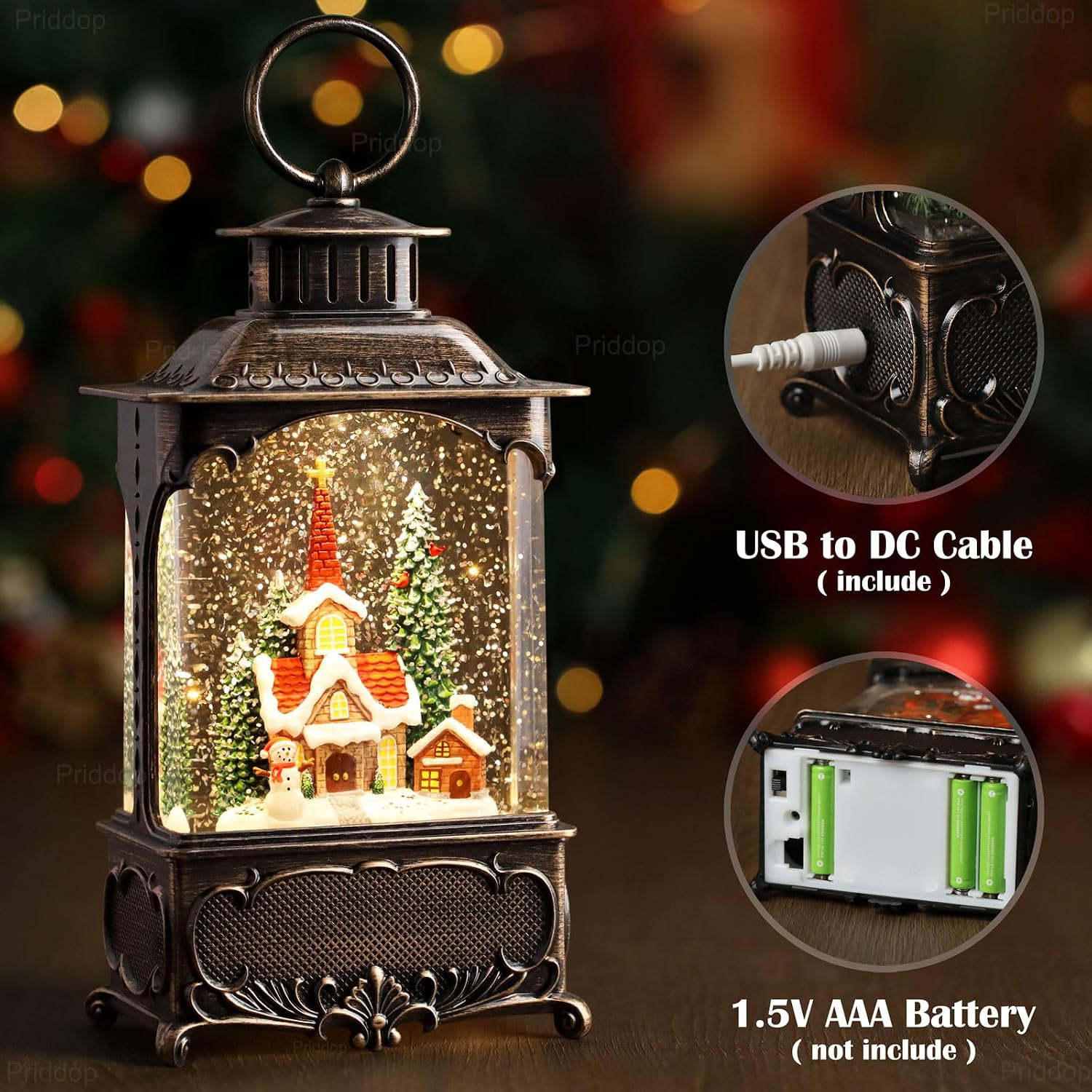 Priddop Church Snow Globe Christmas Decorations Gifts Snowman Cabin Cardinal Tree USB/Battery Timer Music Glitter Snowfall Lantern 10.2 inch