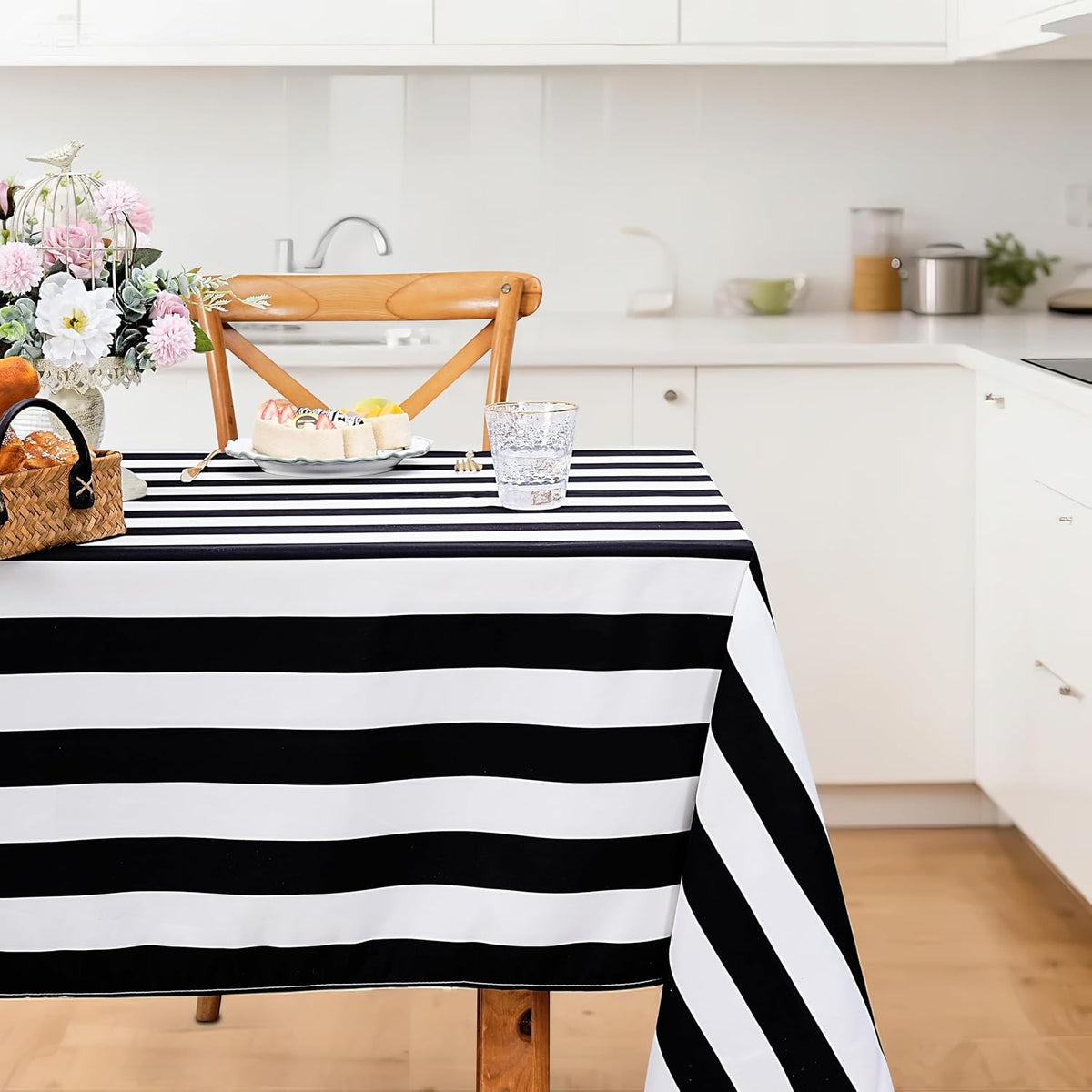 Black and White Striped Rectangle Tablecloth 57x84 Inch 2 Pack Modern Decor