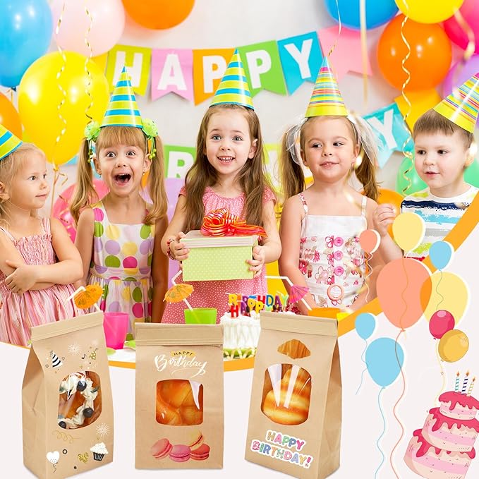 Moretoes 100pcs Medium Bakery Cookie Bags with Window, 4.5x2.36x9.6in Tin Tie Tab Kraft Paper Bags for Cookie Coffee Bread Bakery Packing