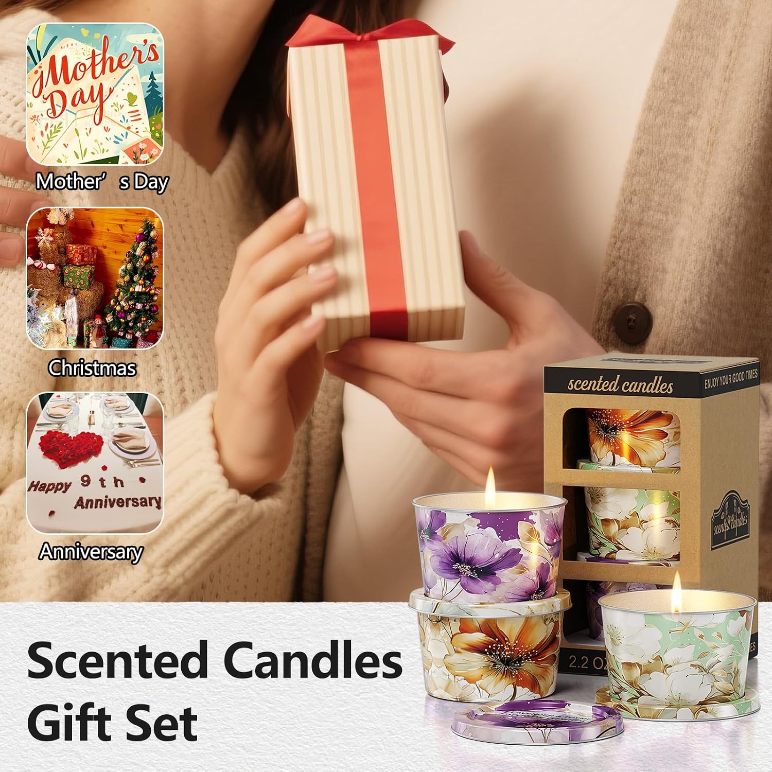 3 Pack Scented Candles-Lavender & Thyme, Vanilla Cake, Jasmine & Musk & Sandalwood, Travel Tin Candle Set, 2.2oz Each, 8-10h Burn Time, Soy Wax, Cotton Wick