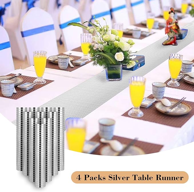 4 Packs Glitter Disco Party Table Runner 12 x 108 Inches Mirror Silver Foil Decor for 70s 80s Disco Party Decorations Birthday Home Table Decorations