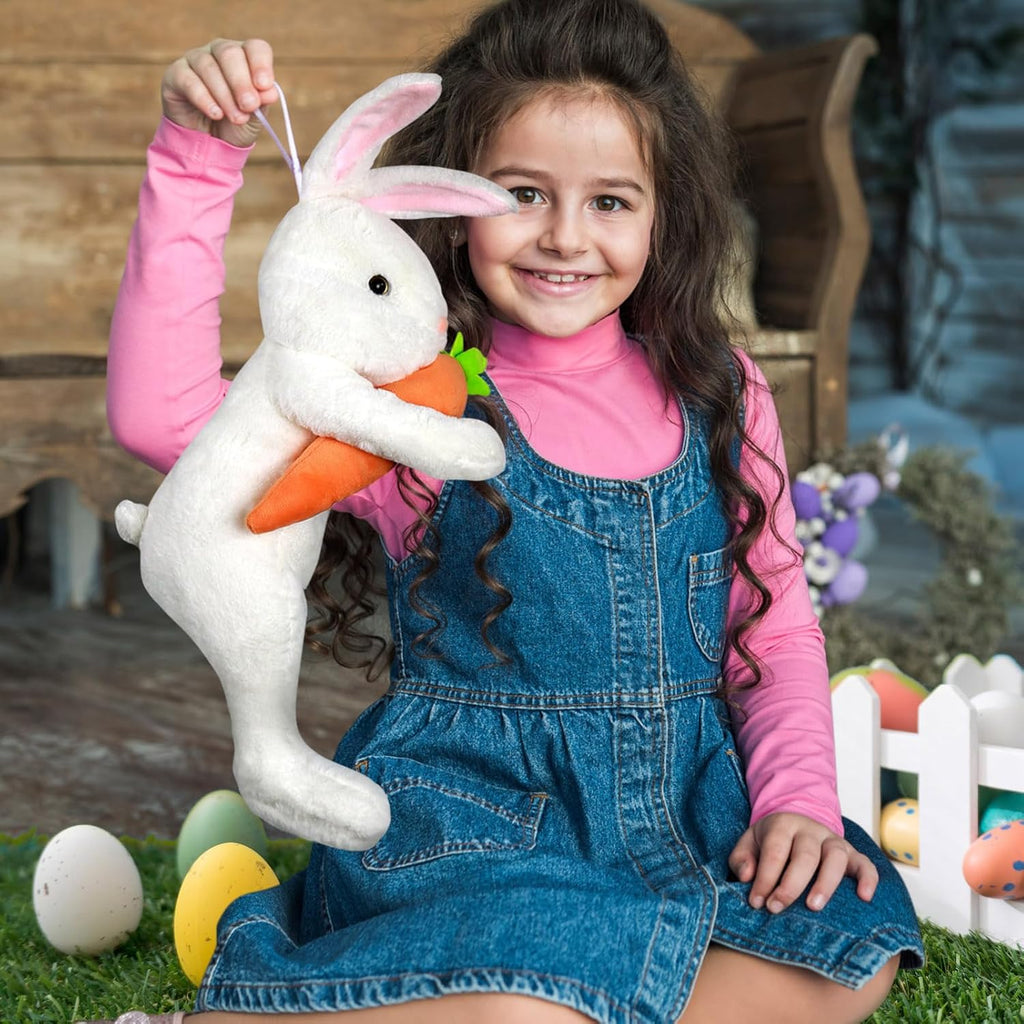 Hongsome Easter Bunny Tree Topper Decorations,Spring Plush Rabbit Hugged Carrot for Tree Basket Stuffers Holiday Home Party Supplies Decor White