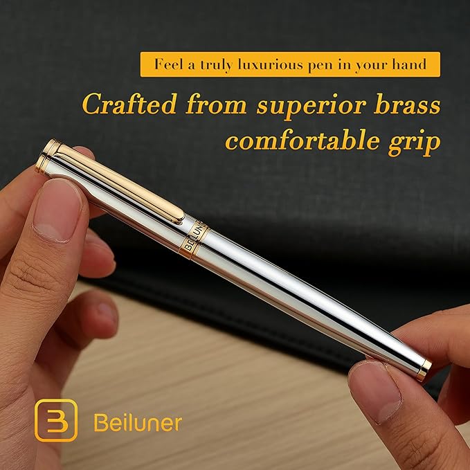 BEILUNER Silver Chrome Fountain Pen,Stunning Luxury with 24K Gold Accents, Gorgeous 24K Gilded Nib(Medium), Fancy Pen Gift for Men&Women -Ink Converter-Elegant, Office,Nice Pen for Writing