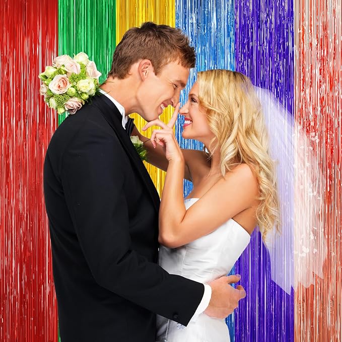 Rainbow Metallic Tinsel Foil Fringe Curtains Backdrop, 2Pack Party Streamers for Birthday Party Decorations Halloween Christmas Decors Foil Curtain Backdrop for Bachelorette Bridal Anniversary Party