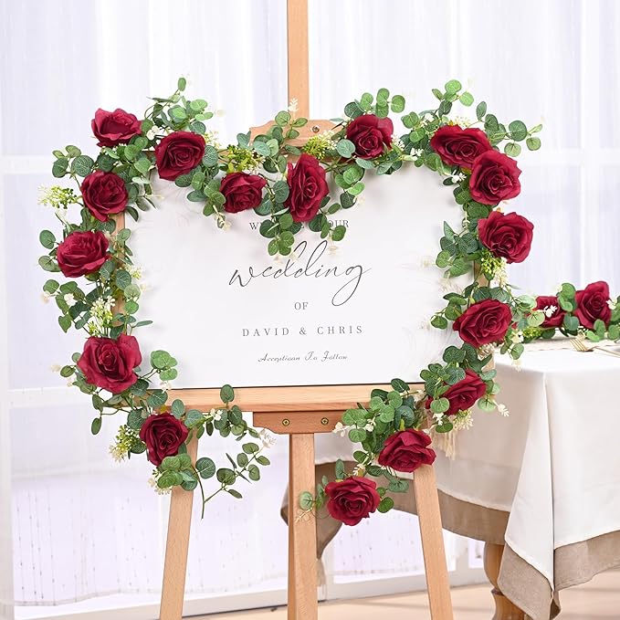 Dolicer 2Pcs 13Ft Artificial Eucalyptus Garlands with Flowers - 8 Roses, Faux Floral Greenery Garlands Fake Flowers Vines for Wedding Table Centerpieces Arch Party Ceremony Backdrop Decor (Red)