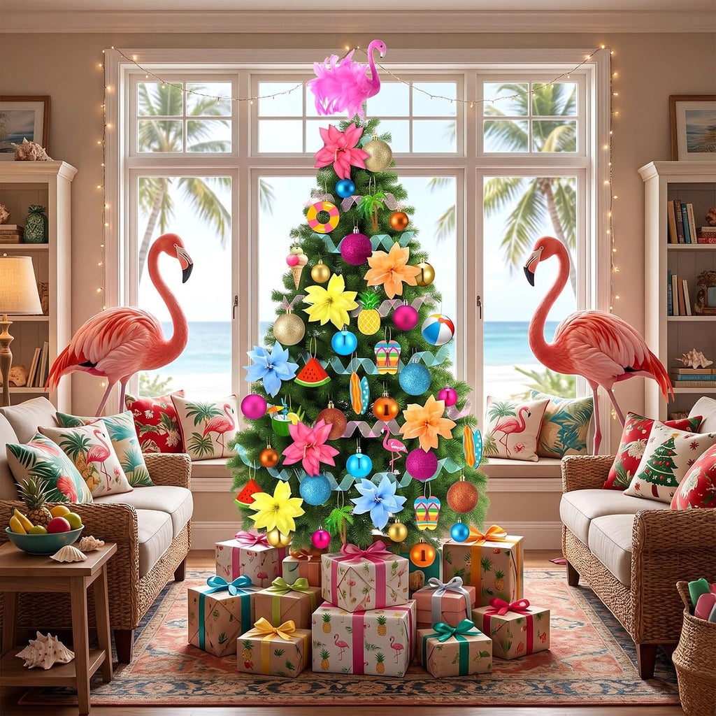 Seenelling 65 Pcs Summer Christmas Tree Ornaments, Tropical Flamingo Decor | Pink Flamingo Topper, Wooden Hangers, Faux Flowers, Ribbon, Luau Beach Party, Christmas in July